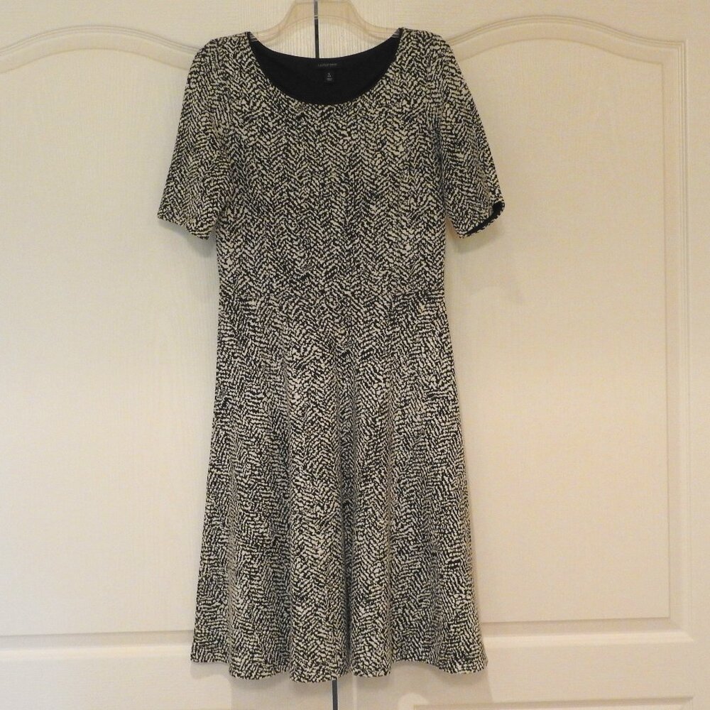 Lands End Black White Tweed Fit Flare Dress Small 6 8 Modest Mid Length
